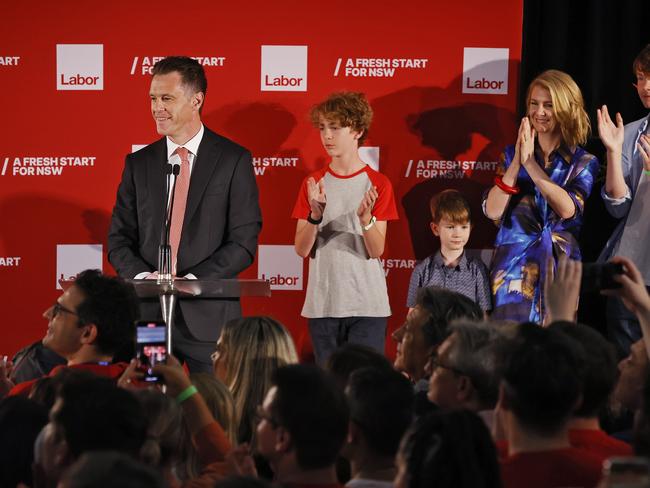 Labor leader Chris Minns holds his election reception at the Novotel in Brighton Le Sands after polling booths close. Picture: Sam Ruttyn