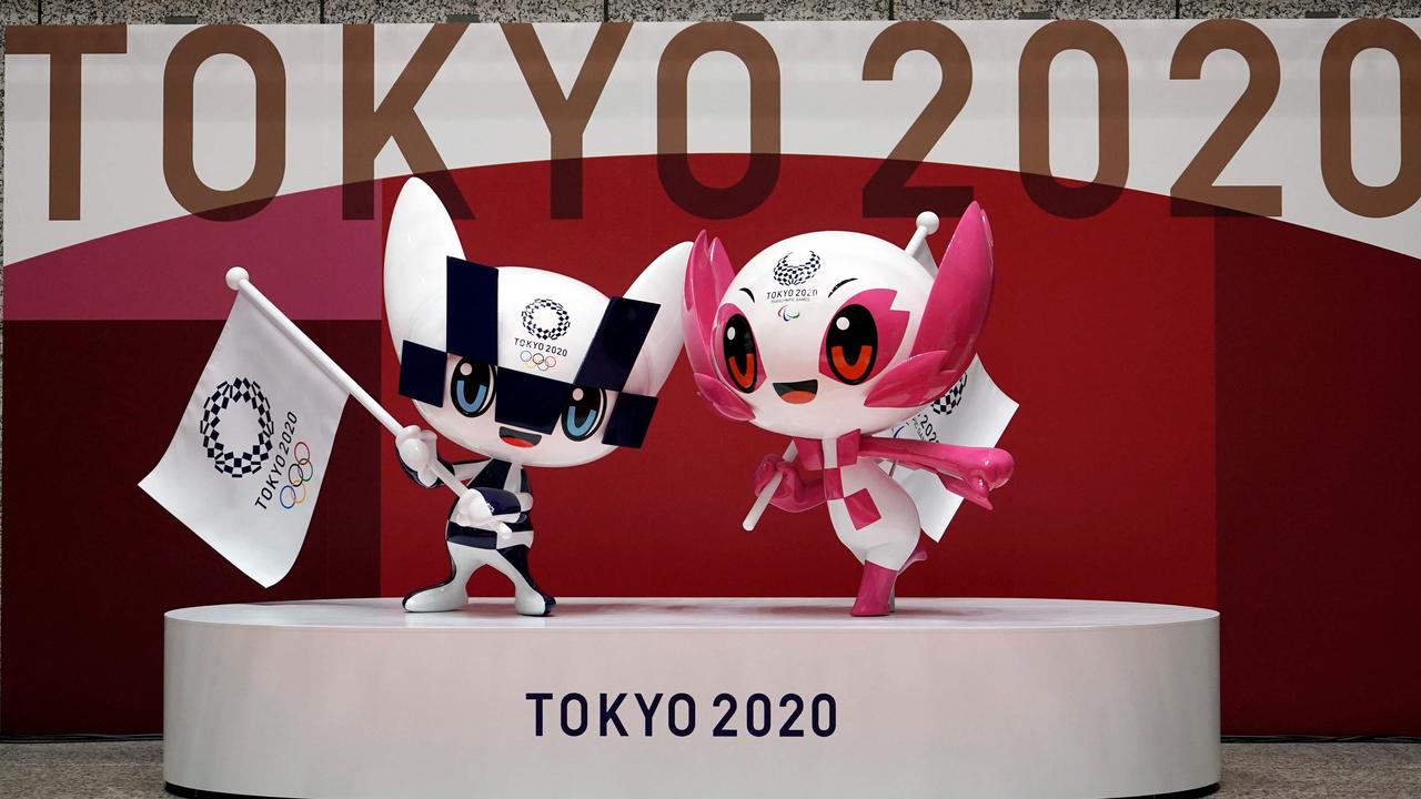 Statues of Miraitowa (left) and Someity, the official mascots for the Tokyo 2020/2021 Olympics and Paralympics Games, at the Tokyo Metropolitan Government building in Tokyo. Picture: AFP