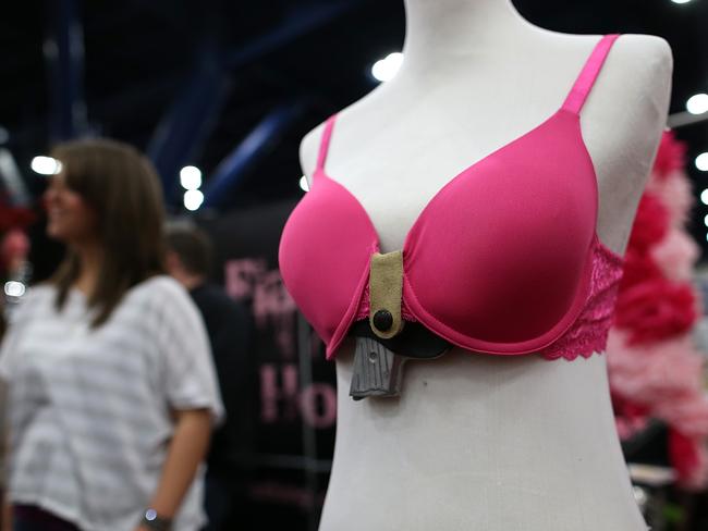 The NRA store claims this bra holster “keeps a tight grip on your firearm until you’re ready to draw”. Picture: Justin Sullivan/Getty Images/AFP