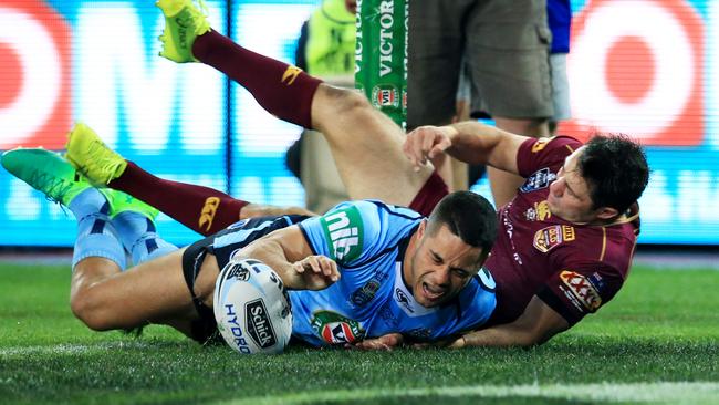 NSW's Jarryd Hayne scores a try to open scoring for the Blues. Picture: Mark Evans