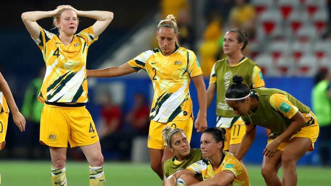 ‘Broken-hearted’ Australian players after being knocked out of the World Cup. Picture: Getty Images