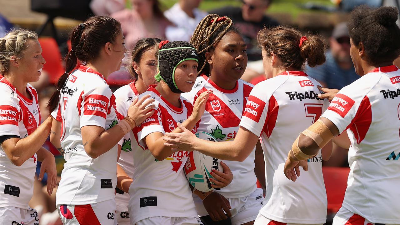 Dragons players celebrate a try by Page McGregor (Photo by Ashley Feder/Getty Images)