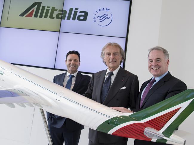 New Alitalia CEO Cramer Ball, Alitalia chairman Luca Cordero di Montezemolo and Alitalia deputy chairman James Hogan at Alitalia's offices at Rome Airport. Supplied