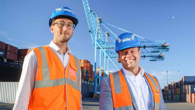 Flinders Port chief financial officer Keith Halifax with Complexica managing director Matthew Michalewicz at the Outer Harbor Container Terminal. Picture: Russell Millard