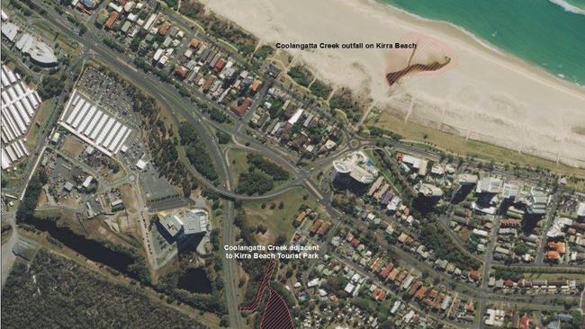 The contaminated area of Coolangatta Creek at Kirra. Photo: Gold Coast City Council