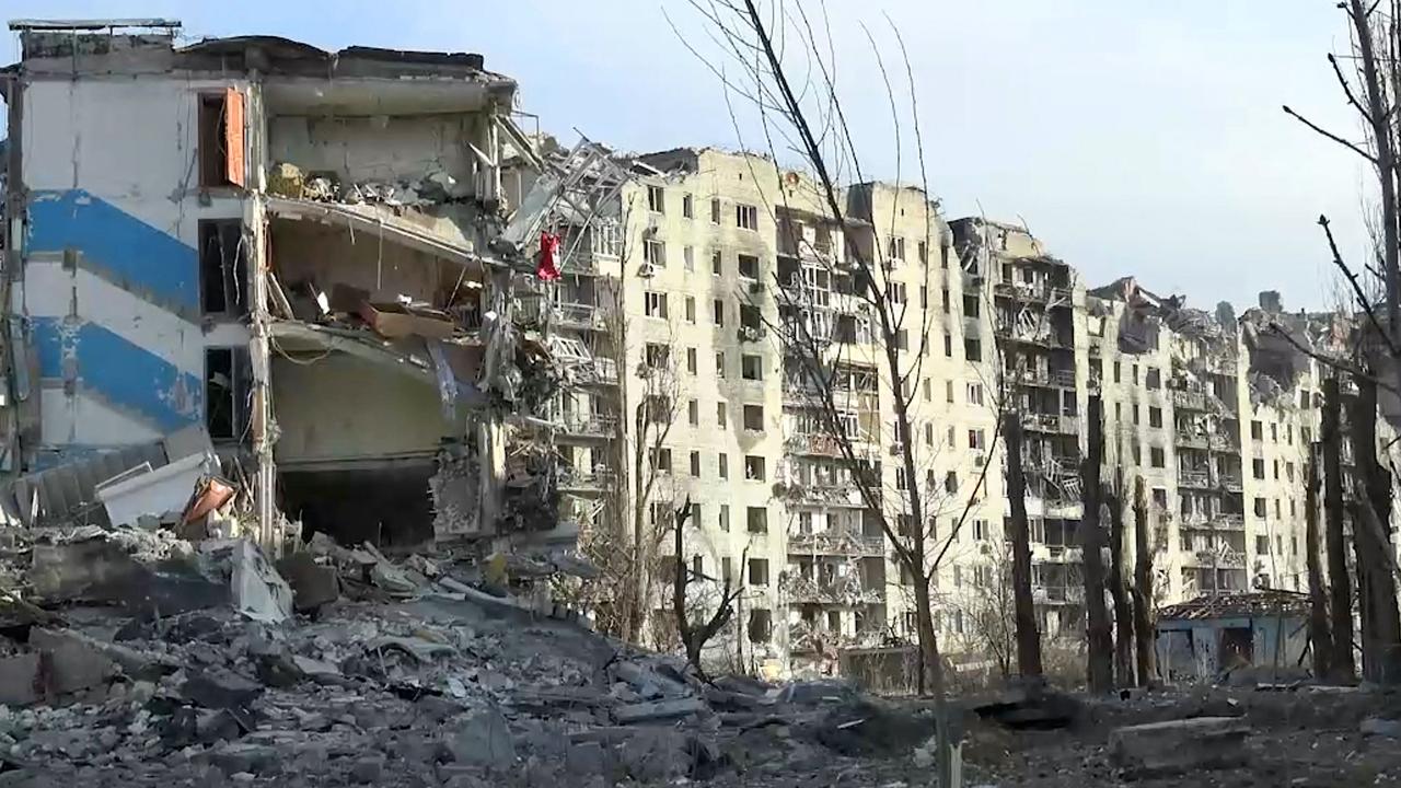 This video grab shows destroyed residential buildings in Avdiivka, in Russian-controlled Ukraine. Picture: Handout / Telegram/ @pushilindenis / AFP