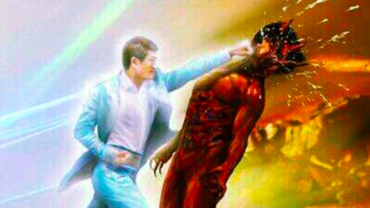 A graphic of so-called messiah Jeong Myeong-seok punching the devil.