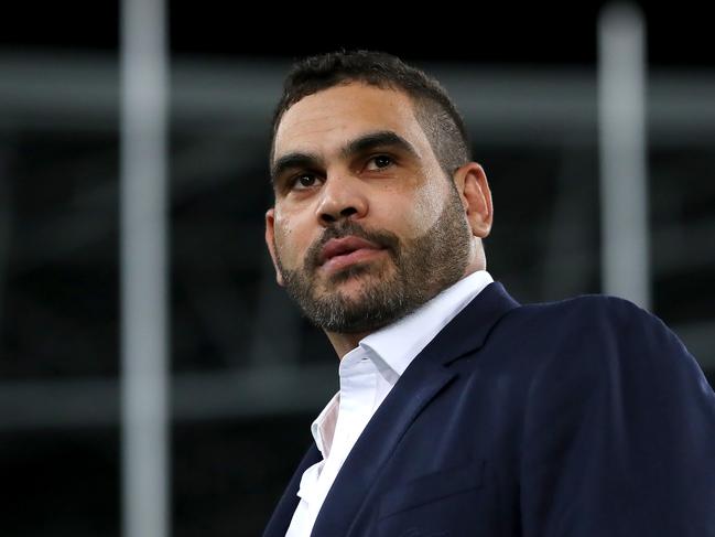 SYDNEY, AUSTRALIA - MAY 02: Retired NRL player Greg Inglis shoes his emotion after watching a career highlights package before the round eight NRL match between the South Sydney Rabbitohs and the Brisbane Broncos at ANZ Stadium on May 02, 2019 in Sydney, Australia. (Photo by Cameron Spencer/Getty Images)