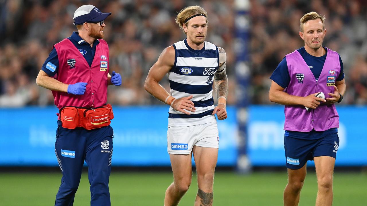 A slip from Stewart gave the star defender a knee injury. Picture: Quinn Rooney/Getty Images