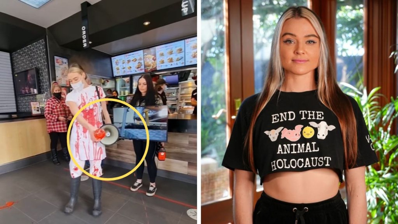 Aussie vegan activist Tash Peterson disrupts KFC customers with