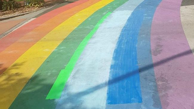 Someone has temporarily fixed the graffiti on Lismore's rainbow crossing.