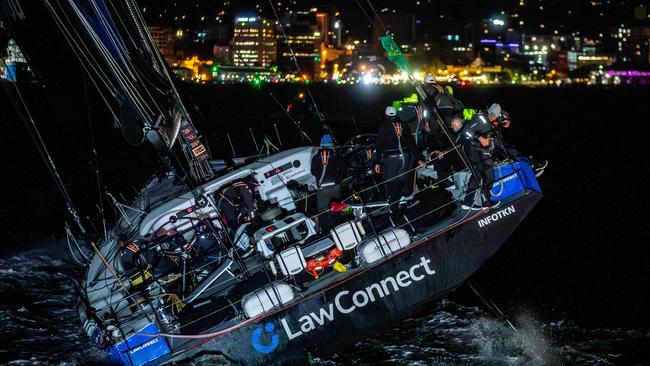 LawConnect arrives in Hobart to take line honours in the early hours of Saturday 28th December in the Rolex Sydney to Hobart 2024. Picture: Linda Higginson