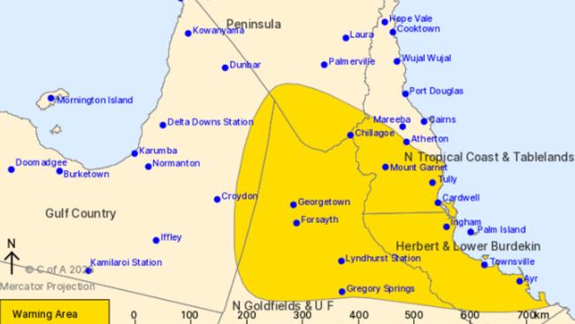 The warning area for heavy rain and flash flooding as of 5pm Monday. Picture: BOM