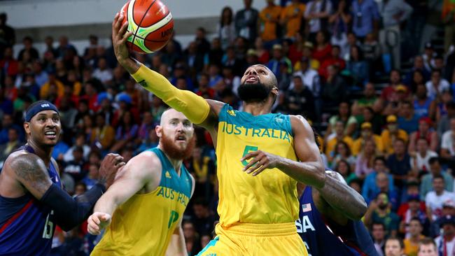 Patty Mills in action during the Rio Olympics 2016 Men's Basketball game between the Australian Boomers and the USA Dream Team at Carioca Arena. Pics adam Head