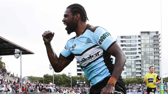 Cronulla's Edrick Lee scores a try for the Sharks. Picture: Brett Costello