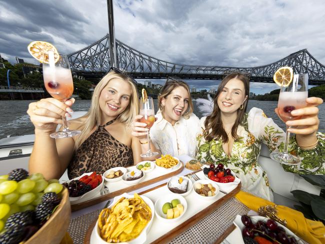 Ruby Warren, Natalie McClure and Samantha O'Neill aboard the 'Floating Picnic' on Brisbane River, Friday, January 17, 2025 - Picture: Richard Walker