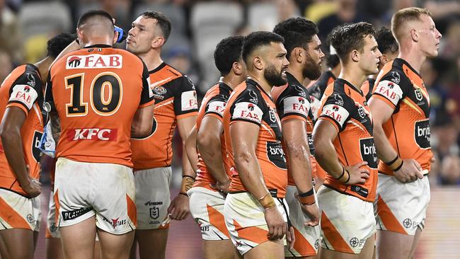 The Tigers look on waiting for another conversion attempt from the Cowboys. Picture: Getty