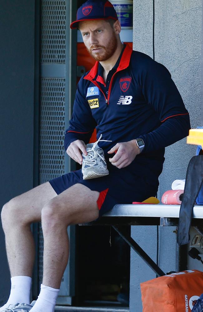 Melbourne wingman Lachie Hunter is in the frame to return from a string of calf injuries against his former Western Bulldogs on Friday night. Picture: Michael Willson / Getty Images