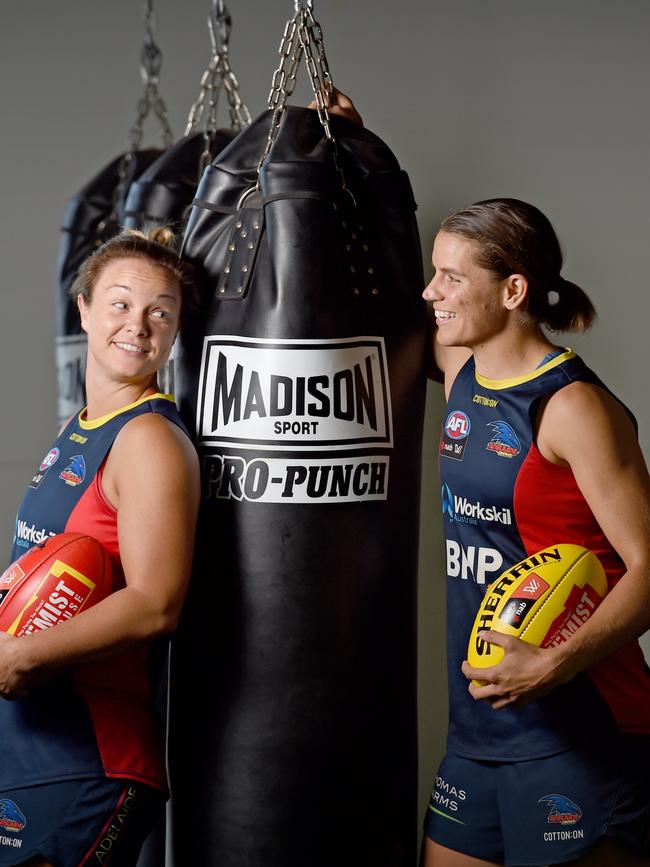 Cramey with Crows co-captain Chelsea Randall. Picture: NAOMI JELLICOE