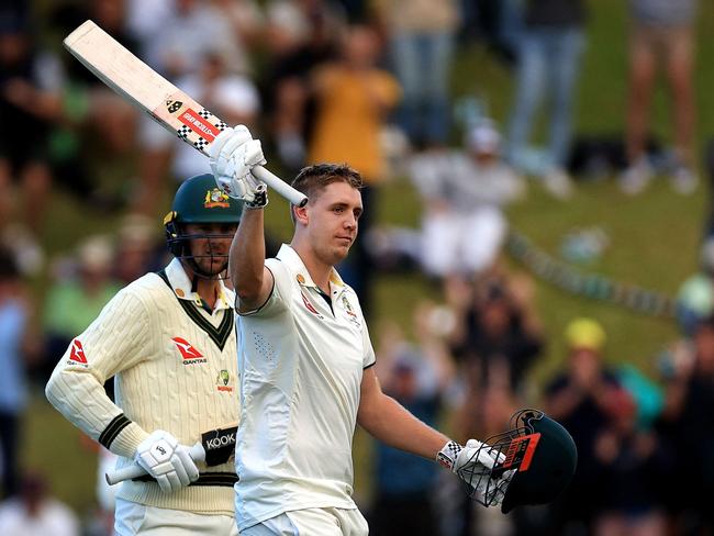 Australia's Cameron Green celebrates 100 runs during day one of the 1st International cricket Test match between New Zealand and Australia at the Basin Reserve in Wellington on February 29, 2024. (Photo by Marty MELVILLE / AFP)