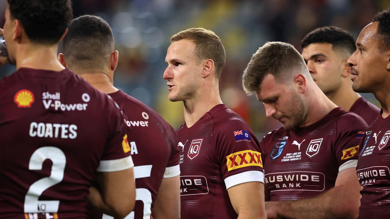 Daly Cherry-Evans talks to hi team after losing Game 1 of the 2021 State of Origin Series between Queensland and NSW at Queensland Country Bank Stadium, in Townsville. Pics Adam Head