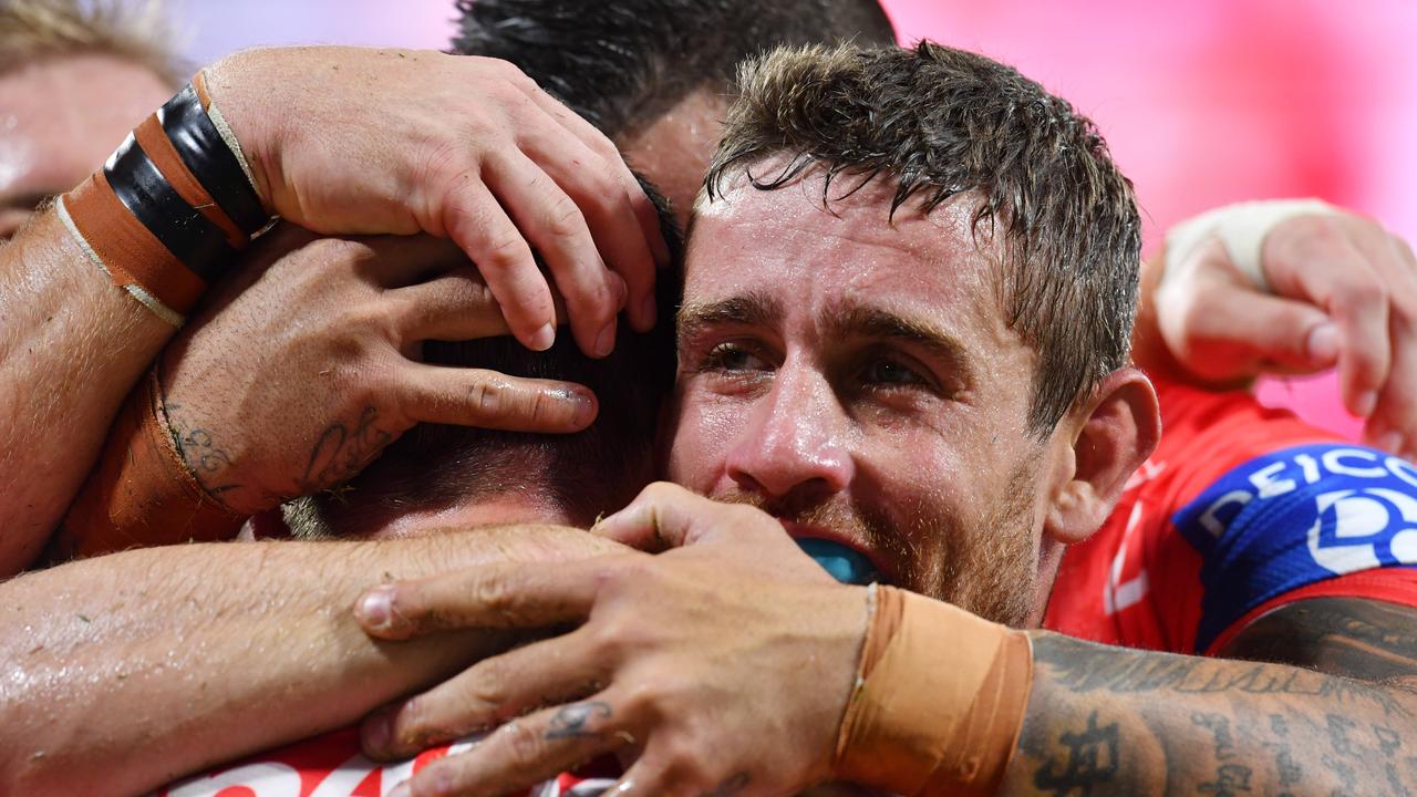 North Queensland Cowboys against St George Illawarra at Queensland Country Bank Stadium. Dragons Ben Hunt scores try and celebrates with Andrew McCullough. Picture: Evan Morgan