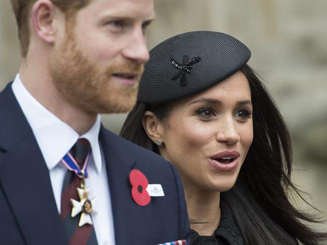 The Duke of Cambridge, Prince Harry and Meghan Markle attend an Anzac Day Service of Commemoration and Thanksgiving at Westminster Abbey. Picture: MEGA