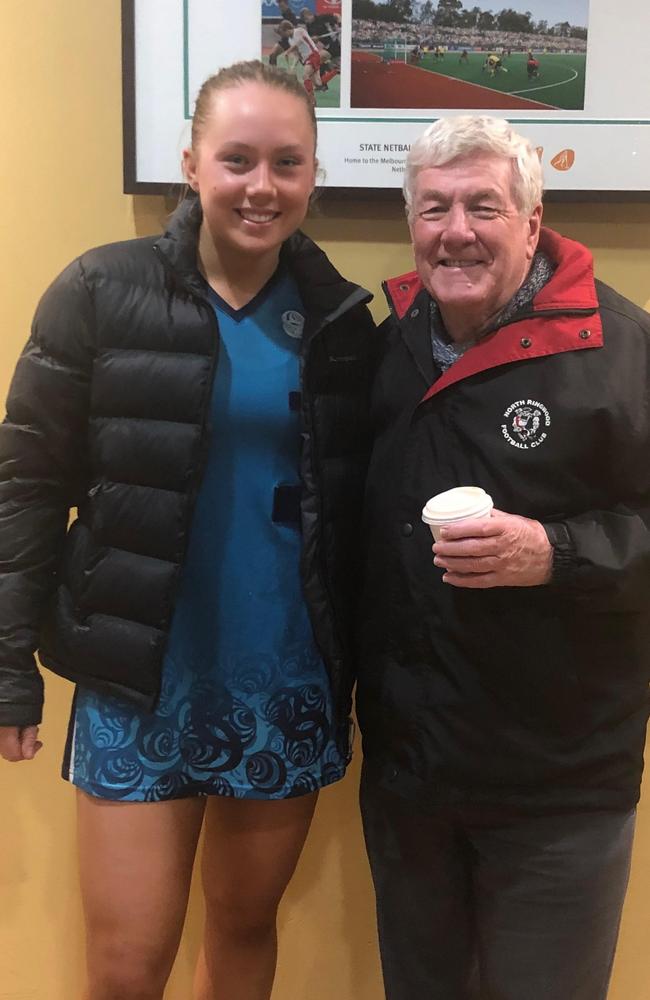 Melbourne Vixens netballer Hannah Mundy aged 18 in 2019 with her grandpa Graeme, who died from MND in 2023. Picture: Supplied.
