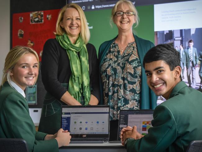 ADELAIDE, AUSTRALIA - NewsWire Photos APRIL 30 2024: Westminster has one of the highest teacher to student ratios in the state.Angela Phillips (Director of Teaching), Andrea Sherwood (Director of learning with students, Siobn 16 and Ryan 16.Picture: NCA NewsWire / Roy VanDerVegt