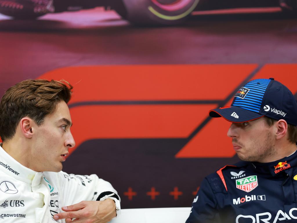 The feud between Max Verstappen (R) and George Russell has reached boiling point. Picture: Getty