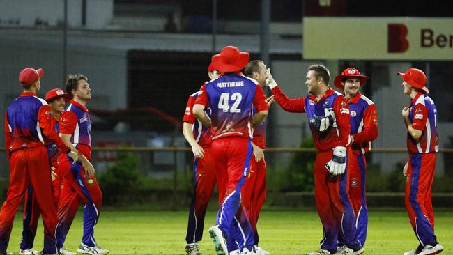 Mulgrave teammates celebrate in first grade Cricket Far North (CFN), held at Griffiths Park, Manunda. Picture: Brendan Radke