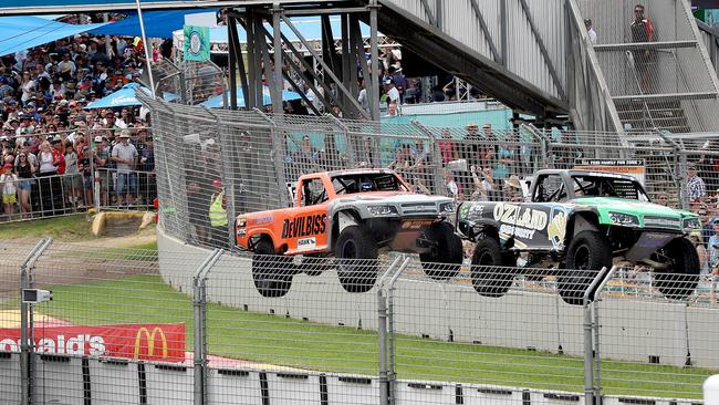 Matthew Brabham and Paul Morris flying in the Stadium Super Trucks during the Adelaide 500 in 2018. Picture: Calum Robertson