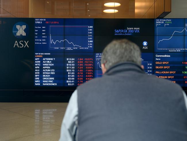 A man watches stock prices at the Australian Securites Exchange (ASX) in Sydney, Thursday, October 11, 2018. Australian shares have recorded their worst day in eight months following Wall Street stocks falling on Wednesday, with the S&P 500 and the Dow dropping due to the prospect of rising interest rates. (AAP Image/Dan Himbrechts) NO ARCHIVING