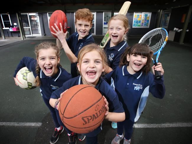 Primary School students Mikaela, Kallan, Amelia, Brooke and Aseia keeping active at school as part of the strategy to combat obesity. Picture: David Caird