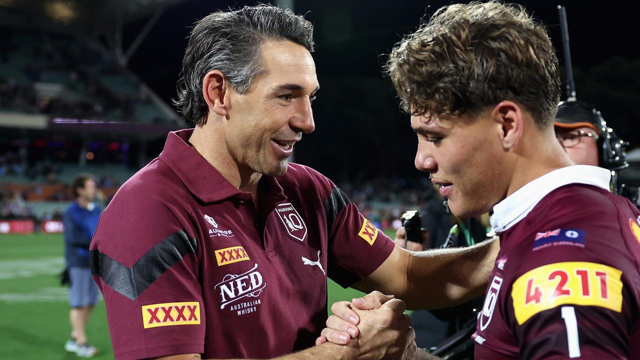 ADELAIDE, AUSTRALIA - MAY 31: Maroons coach Billy Slater and Reece Walsh of the Maroons celebrate winning game one of the 2023 State of Origin series between the Queensland Maroons and New South Wales Blues at Adelaide Oval on May 31, 2023 in Adelaide, Australia. (Photo by Cameron Spencer/Getty Images)