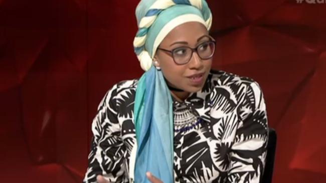 Yassmin Abdel-Magied, pictured on ABC’s Q &amp; A, posted that Anzac Day should be spent remembering detainees on Manus Island. Picture: ABC