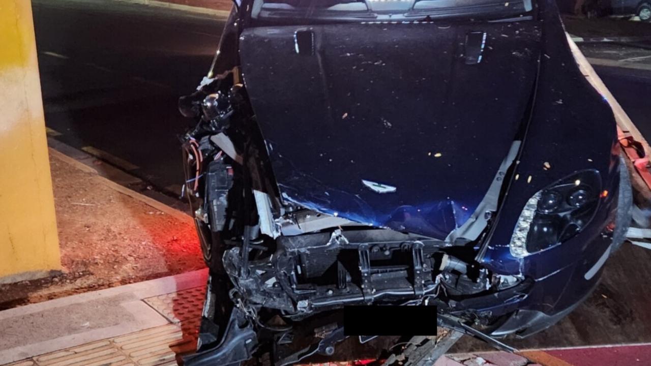 A driver will appear in court after crashing his luxury sports car into a bus stop at Gilles Plains after the car was allegedly seen leaving a hotel car park at speed. Picture: SA Police