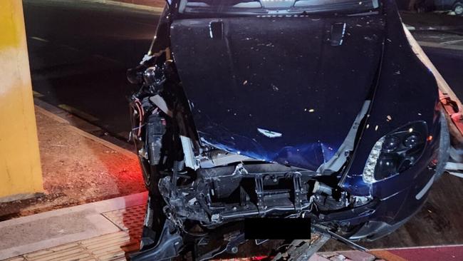 A driver will appear in court after crashing his luxury sports car into a bus stop at Gilles Plains after the car was allegedly seen leaving a hotel car park at speed. Picture: SA Police