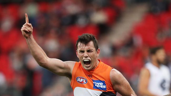 Giants Brent Daniels celebrates kicking a goal during the AFL match GWS Giants and Carlton Blues at Giants Stadium. Picture. Phil Hillyard