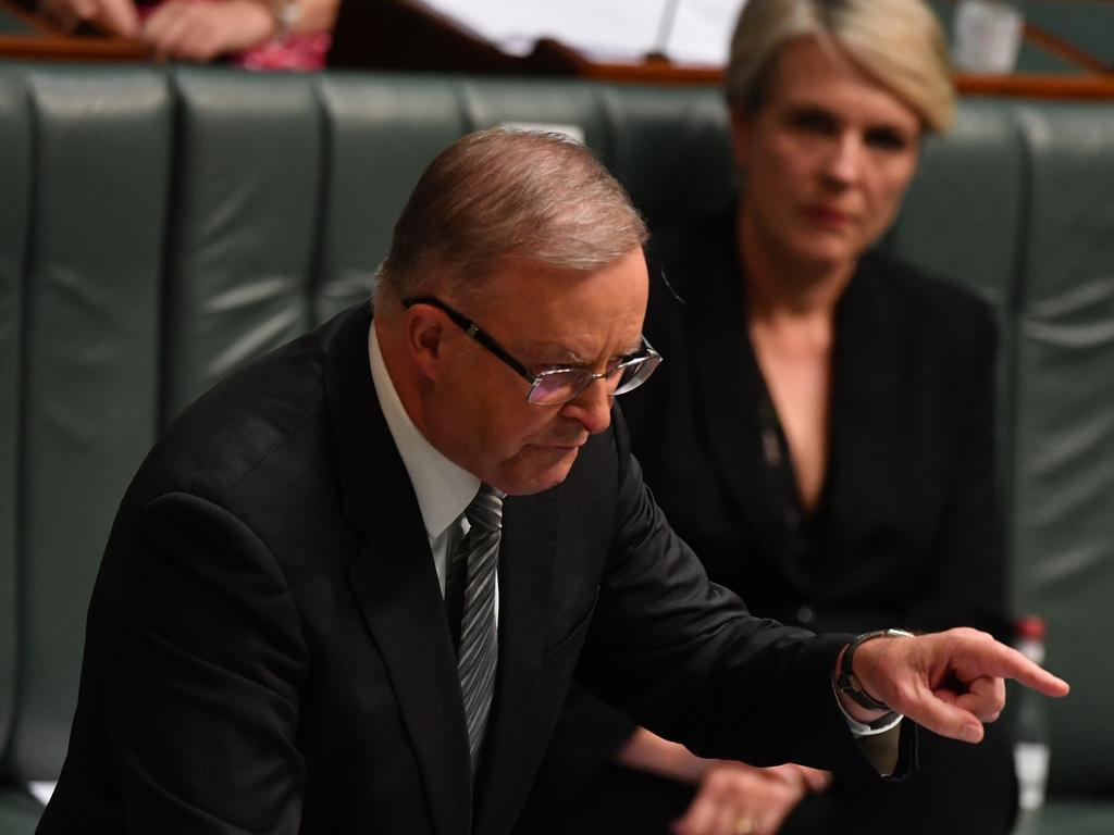 Leader of the Opposition Anthony Albanese gestures towards Prime Minister Scott Morrison during Question Time. Picture: Sam Mooy