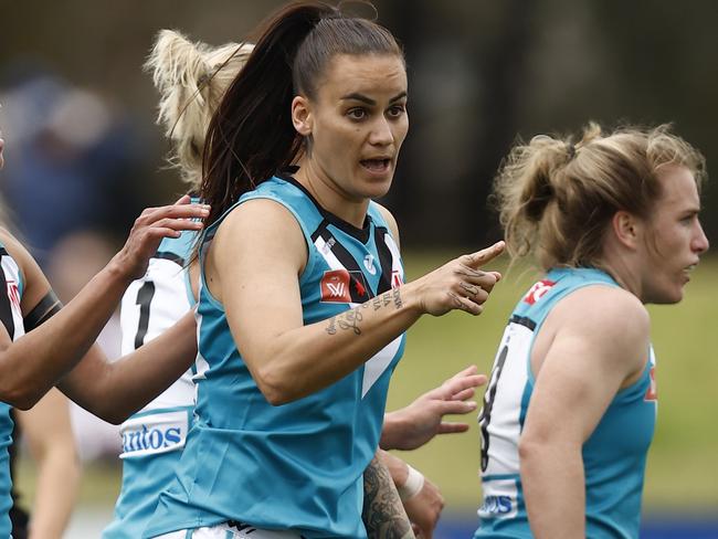 MELBOURNE, AUSTRALIA - OCTOBER 23: Gemma Houghton of Port Adelaide celebrates a goal during the round nine AFLW match between the St Kilda Saints and the Port Adelaide Power at RSEA Park on October 23, 2022 in Melbourne, Australia. (Photo by Darrian Traynor/Getty Images)