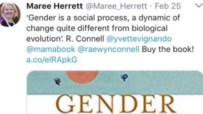 A tweet from Santa Sabina principal Maree Herrett about the book Gender Reckonings. (Pic: supplied)