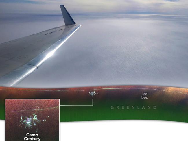 A NASA team flying over Greenland with a new radar system detected the abandoned Camp Century beneath the ice. Photo: NASA Earth Observatory
