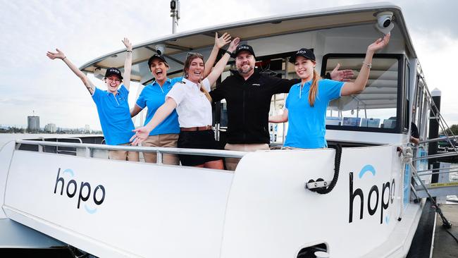 HopoÃ¢â¬â¢s crew celebrate their 300,000th passenger milestone this week and what's ahead for the passenger ferry company. Left to right, crew Michelle Simpson and Chelsea Vendy, Skipper Kate Robertson, Managing Director Anthony Ardern, and crew Emily Pierron, on board the ferry at Hopo docks at the Sea World Cruises Terminal . Picture Glenn Hampson