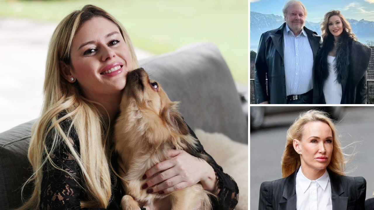 Jenna Riches at her Sydney home; Richard White with wife Zena Nasser and his former lover Linda Rogan. Main picture: Jane Dempster