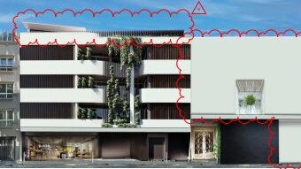 An artist's impression of the planned four-storey shop-top apartment complex planned for 41-42 North Steyne at Manly, shown from the rear, on Henrietta Ln. Picture: Squillace Architecture