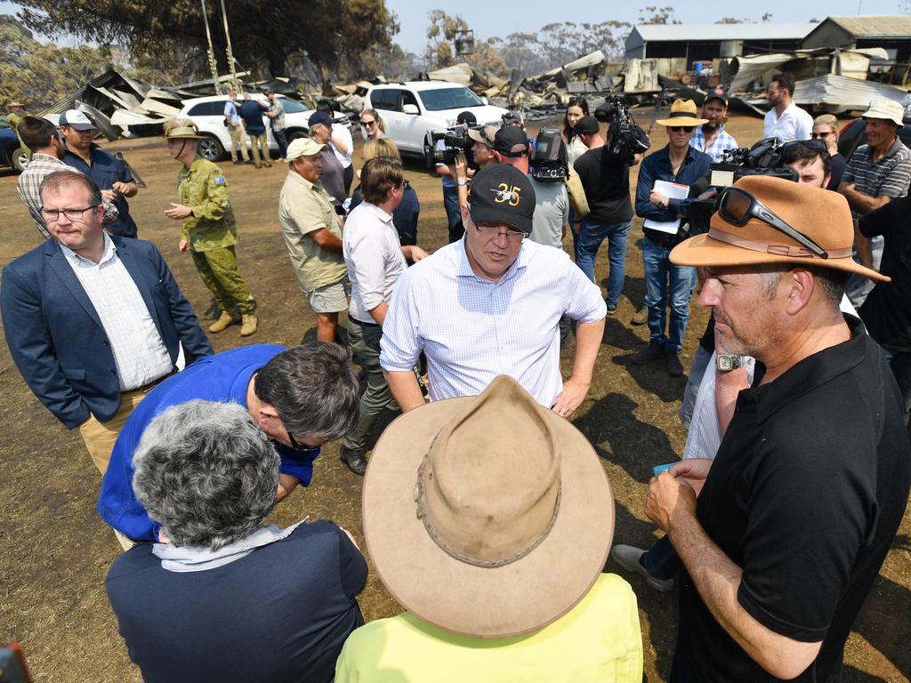 Australian Prime Minister Scott Morrison visits a fire-damaged property at Stokes Bay on Kangaroo Island. Picture: AAP Image/David Mariuz