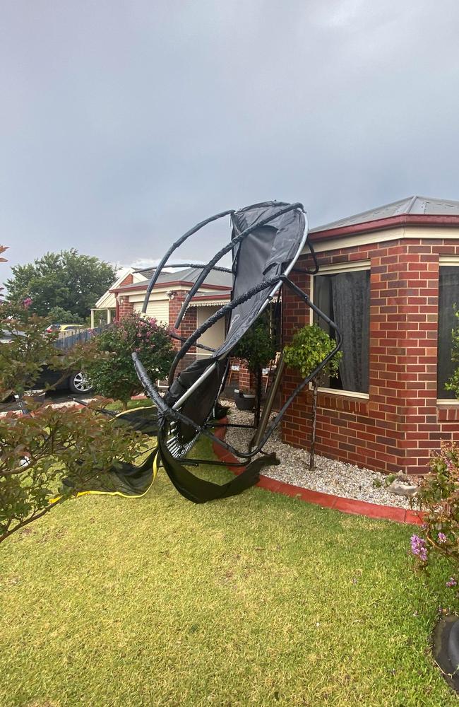 A trampoline blew into a Lara resident's front yard.