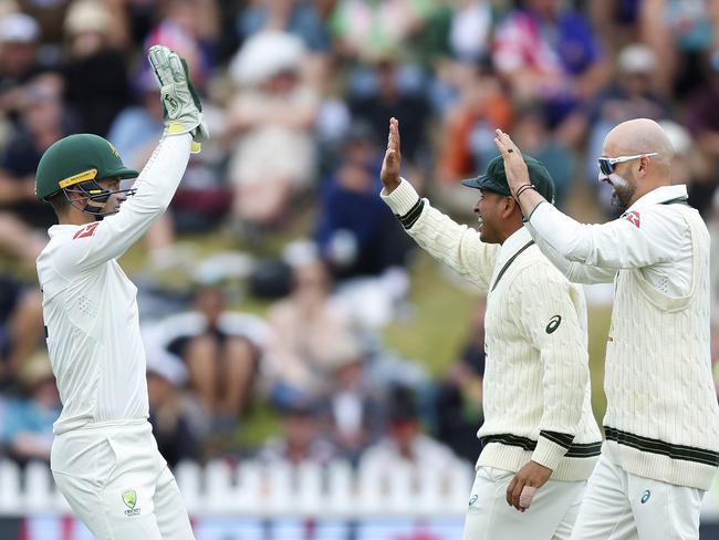 Nathan Lyon celebrates one of his two wickets on Day 3. Picture: Hagen Hopkins/Getty Images