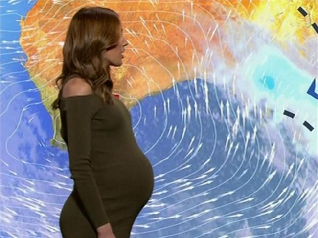 A heavily pregnant Rebecca Judd on Nine News before going on maternity leave. Picture: Channel 9